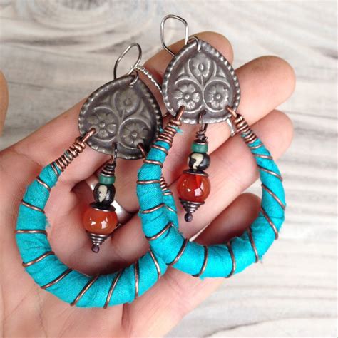 Chandelier Hoops Turquoise Silk Wrapped Amulet Hoops Etsy