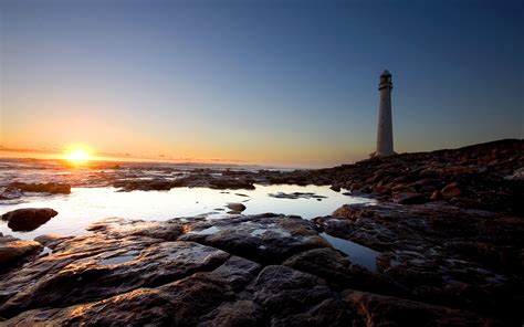 Sunset Lighthouse Beach Landscape Wallpapers Hd Desktop