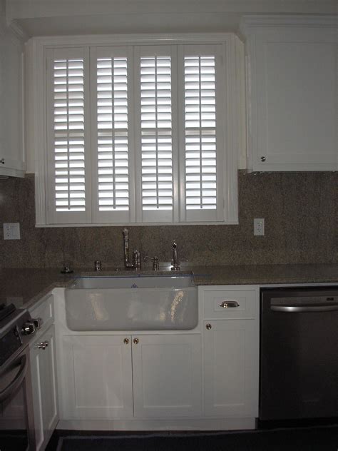 Custom Kitchen With Large Window Over Sink White Wood Blinds White