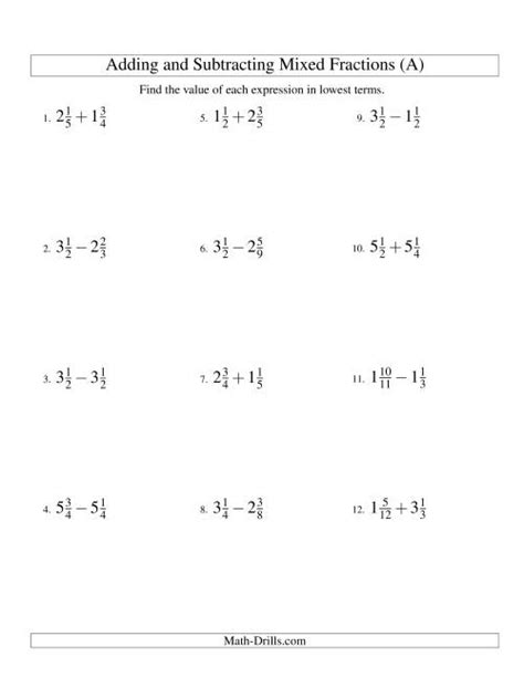 Add Subtract Fractions Mixed Numbers Worksheet