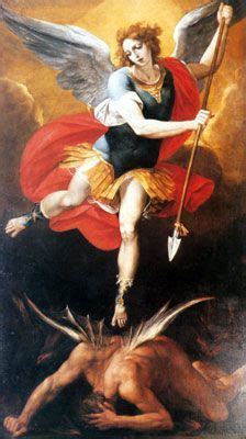 The Painting Depicts An Angel Holding A Spear And Standing On Top Of A