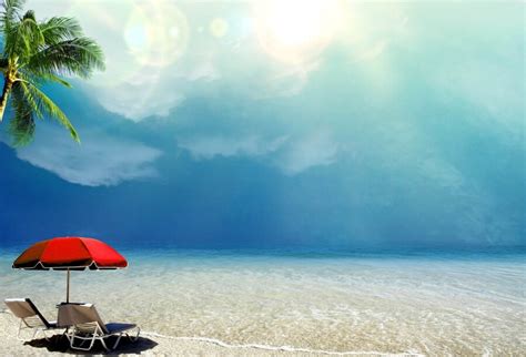 Laeacco Cloudy Sky Sea Beach Chairs Umbrella Palm Tree Landscape My