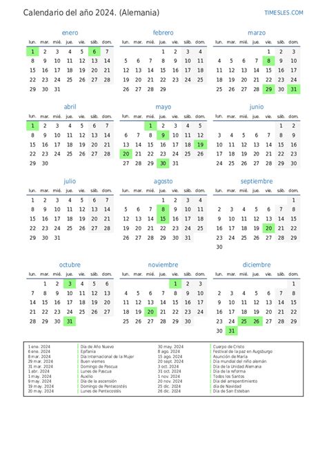 Calendario 2024 Con Días Festivos En Alemania Imprimir Y Descargar