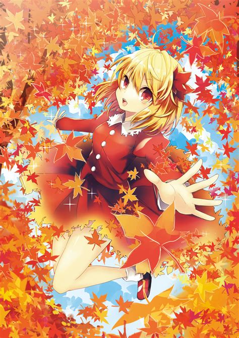Safebooru 1girl Aki Shizuha Blonde Hair Clouds Dress Hair Ornament Hat Kaio Watagami Leaf