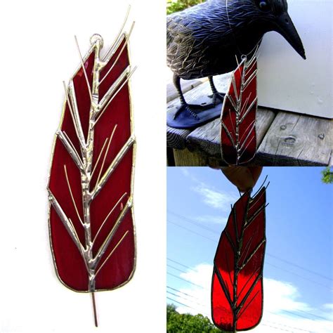 Red Cardinal Feather Stained Glass Primitive Birds Suncatchers Etsy