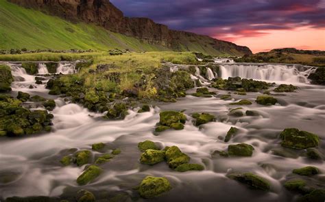 Nature Mountains Iceland Lovely Waterfall Rocks With Green Moss Sky