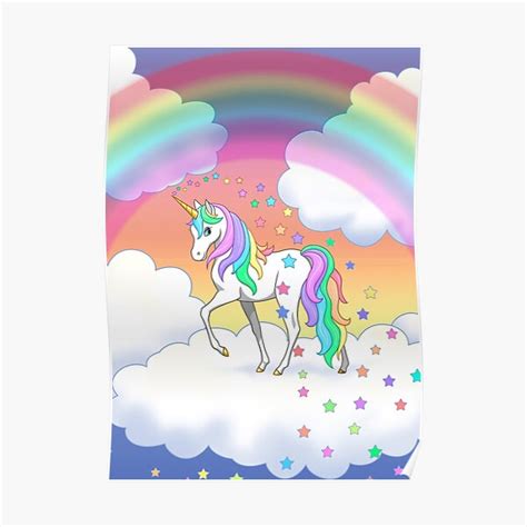 Pretty Rainbow Unicorn Clouds Colorful Falling Stars Poster For Sale