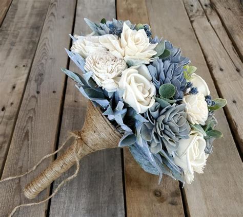 Slate Blue Gray And Cream Wood Flower Bouquet With Etsy Wood Flower