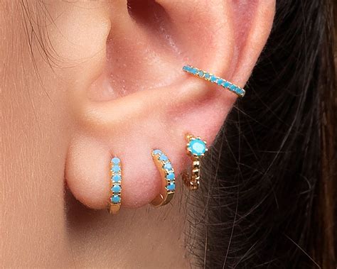Huggie Hoop Earrings With Turquoise Stones Cartilage Etsy