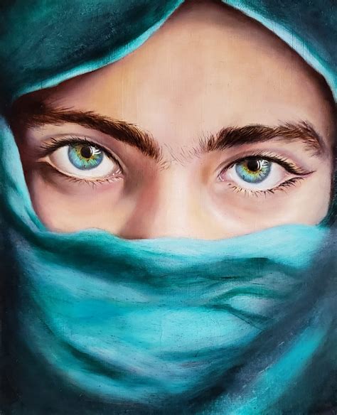 Original Oil Portrait Painting Of A Beautiful Afghan Girl With Turquoise Green Eyes Blue Teal