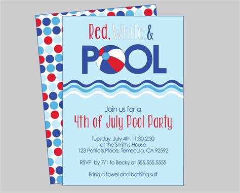 Red White And Pool 4th Of July Pool Party Invitation Printable Etsy