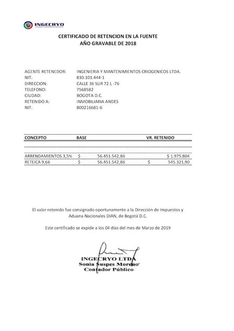 Pdf Certificado De Retencion En La Fuente A O Gravable De Ingecryo Com Certificados De