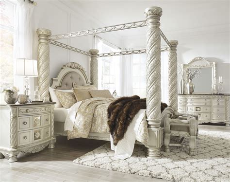 Cassimore North Shore Pearl Silver Upholstered Poster Canopy Bedroom