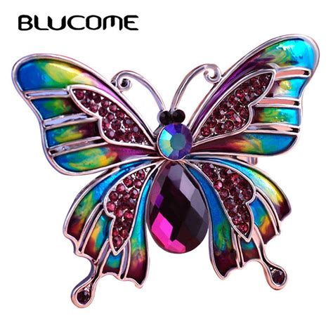 Blucome Vintage Purple Crystal Butterfly Brooch Hijab Pins Blue Green
