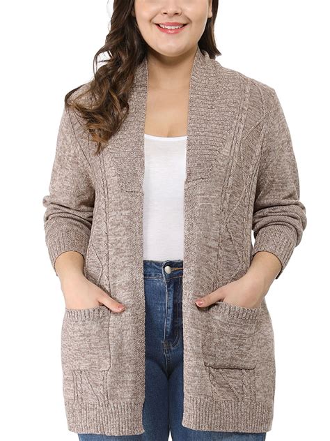 Unique Bargains Womens Plus Size Two Pockets Open Front Sweater