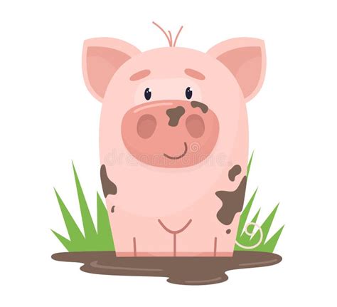 A Cute Pig Is Sitting In A Mud Puddle Vector Illustration In Cartoon