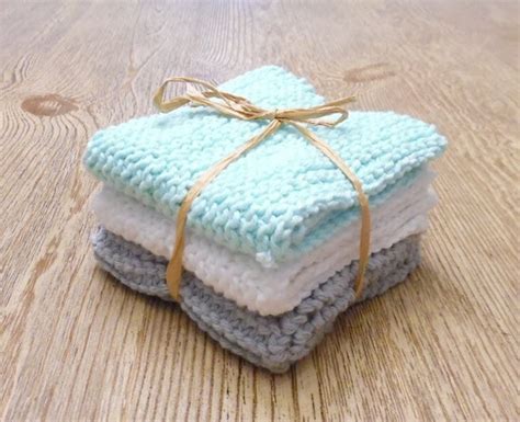 Hand Knit Washcloths Set Of Three Mint Gray And White