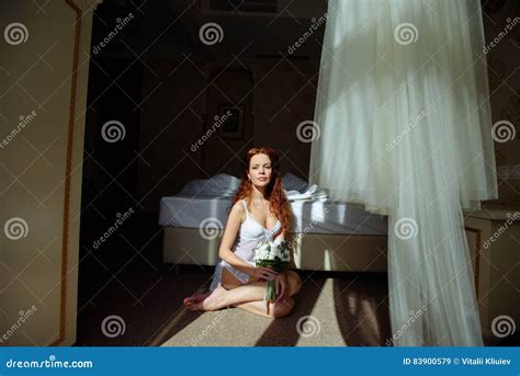 Beautiful Redhair Lady In Elegant White Panties And Peignoir Fashion Portrait Of Model Indoors