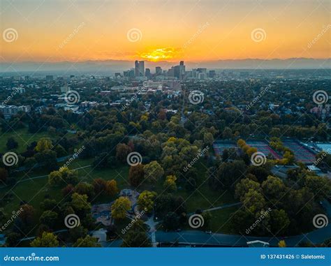 Aerial Photo Of Denver Skyline At Sunset Stock Photo Image Of Serene