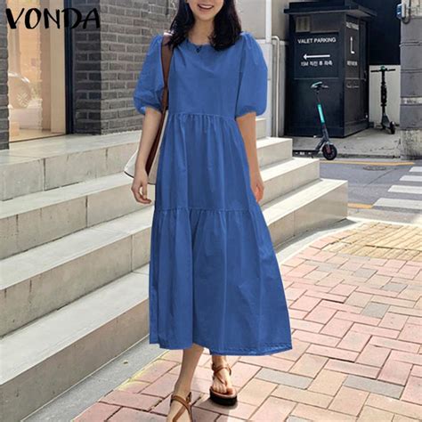 Buy Vonda Summer Womens Cotton Ruffled Maxi Dress Solid Color Casual