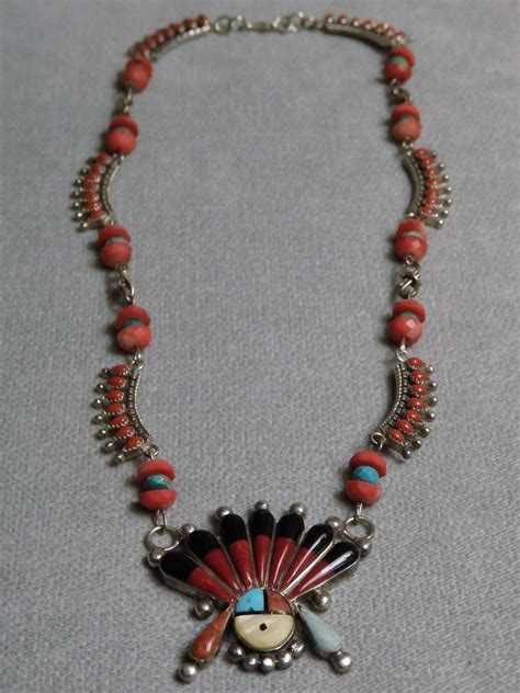 Vintage Zuni Sunface Necklace Unsigned Sterling Mediterranean Coral