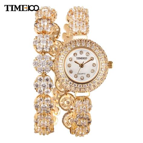 time100 luxury women long golden alloy strap waterproof shell dial diamond quartz dress bracelet