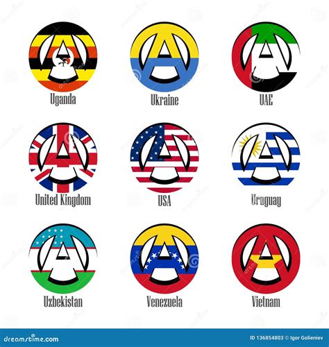 flags of different countries of the world in the form of a sign of anarchy stock illustration