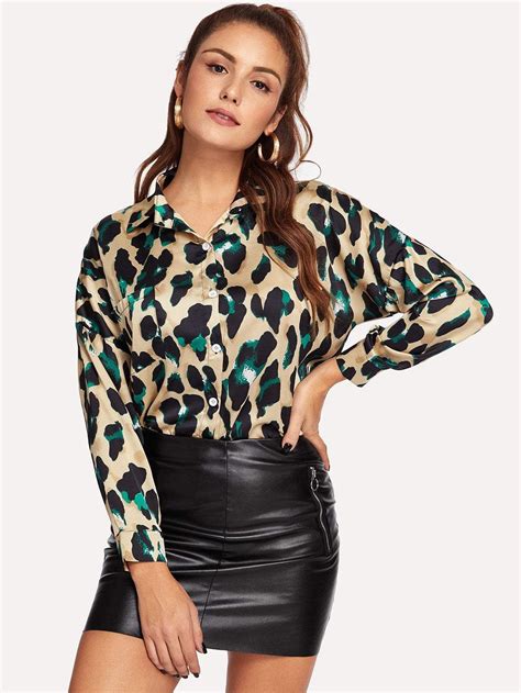 Single Breasted Leopard Blouse Long Sleeve Tops Casual Leopard