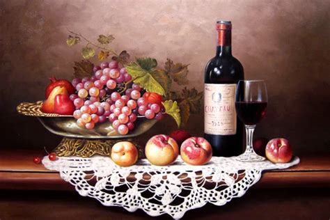 Free Shipping Classical Still Life Oil Painting Red Wine Fruit Canvas