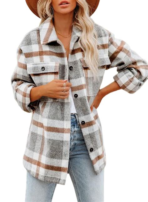 fantaslook flannel shirts for women plaid jacket long sleeve button down shacket chest pocketed