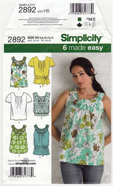 simplicity pattern 2892 summer shirts sleeveless tops misses size 6 8 10 12 14 uncut