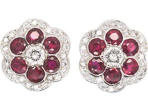 18ct White Gold Ruby And Diamond Cluster Earrings 652p The Antique