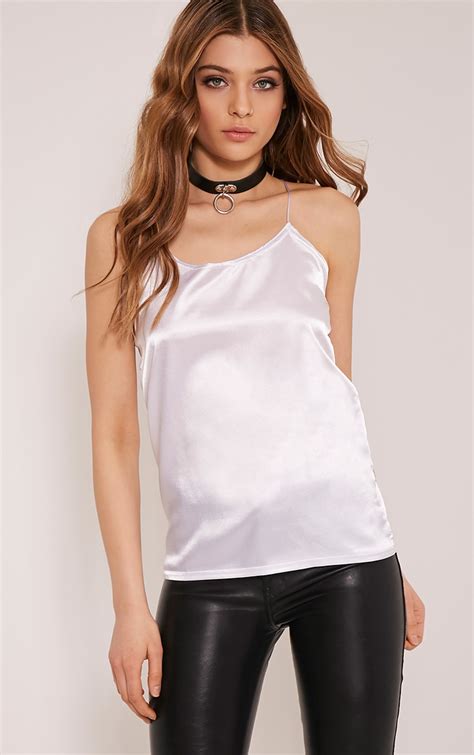 Chelsie White Satin Cami Top Tops Prettylittlething