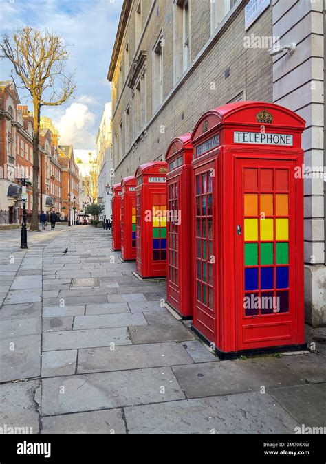 Red Telephone Booths With Lgbtq Rainbow Colors In London London Uk