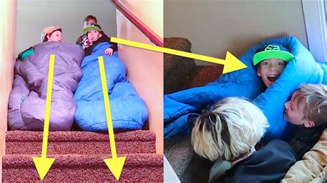 Kids Sleeping Bags Stair Slide Race Youtube