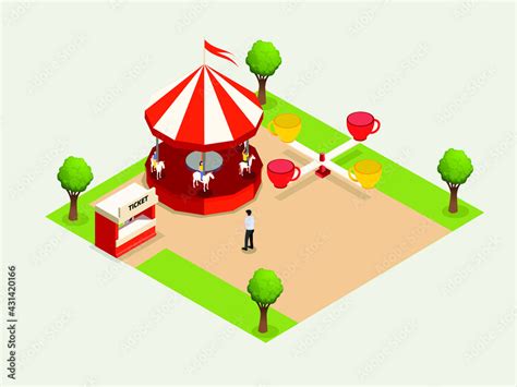 Amusement Park Vector Concept Happy Kids Playing With Carousel Horse
