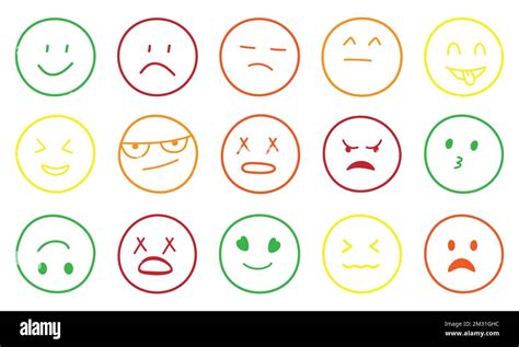Set Of Color Emojis Faces Icons Line Art Style Vector Illustration