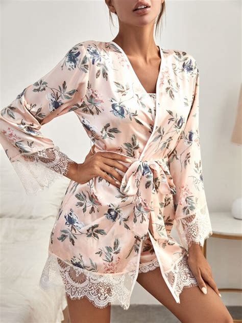 Conjunto De Pijama Impressão Floral Guarnição Do Laço Com Cinto Cetim Shein Brasil