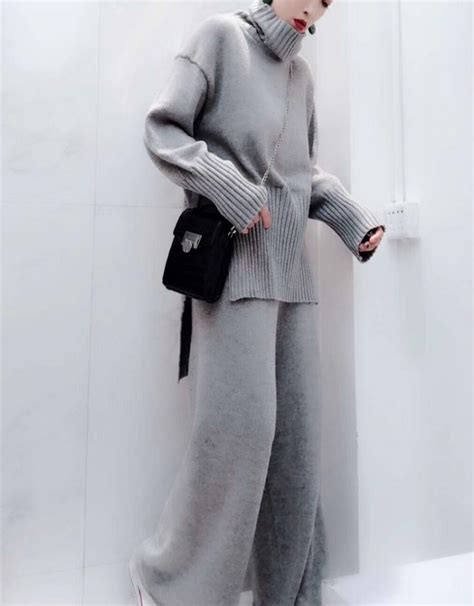 Two Piece Set Women Oversized Casual Turthneck Sweater Wide Leg Pant Korean Grey 2 Piece Set