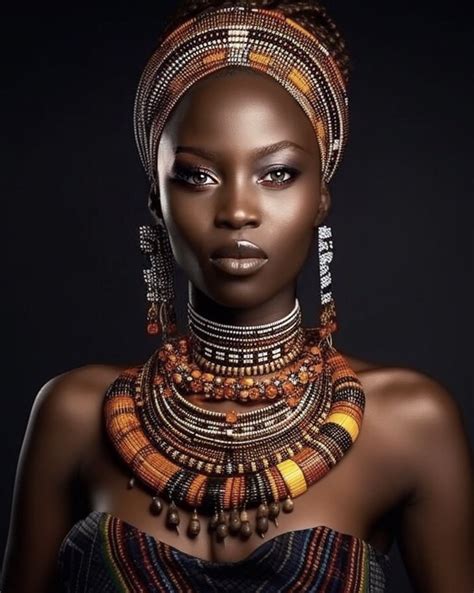 An African Woman With Large Necklaces And Earrings On Her Head In Front Of A Black Background