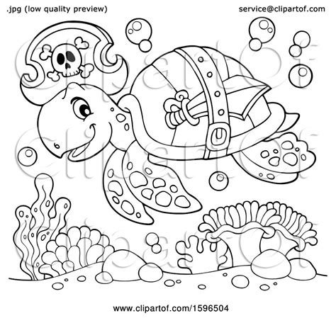 Clipart Of A Lineart Pirate Sea Turtle Royalty Free Vector