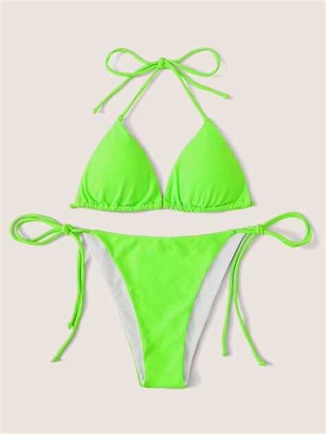 Neon Lime Green Triangle Halter Top Swimsuit Tie Side Bikini Bottom