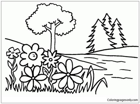 Trees And Flowers Coloring Page Free Printable Coloring Pages