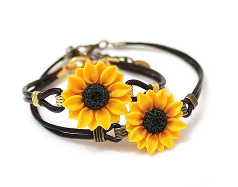sunflower bracelet sunflower leather bracelet personalized etsy raspberry jewelry silver