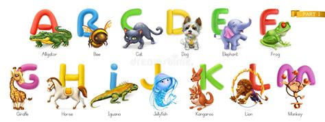 Zoo Alphabet Funny Animals 3d Vector Icons Set Letters A M Part 1