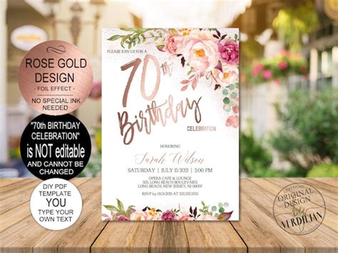 Diy 70th Birthday Invitation Template Blush Rose Gold Floral Etsy
