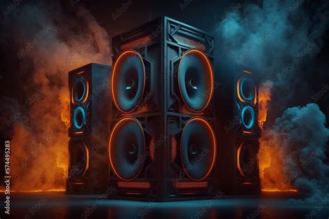 Music Speaker Or Subwoofer In Studio Background With Smoke And Neon