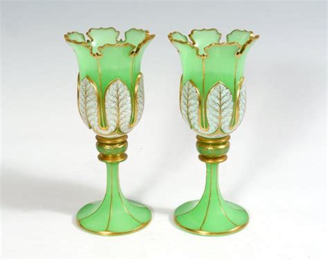 Pair Green Moser Glass Chalice Vases Lot 252 Moser Glass Vintage Green Glass Antique Glass