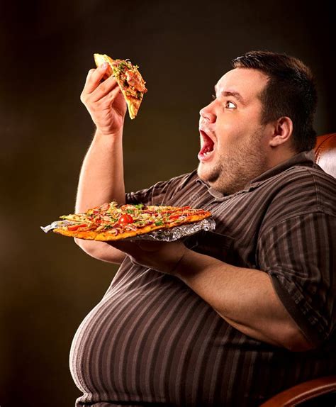 Fat Man Eating Fast Food Slice Pizza Breakfast For Overweight Person