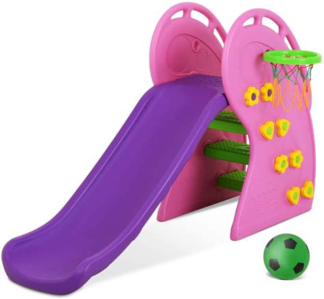 Folding Kids Slide With Basketball Hoop Toddler Climber Freestanding